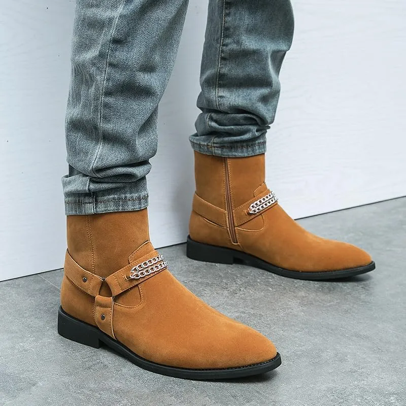 Santimon Men's Biker Punk Boots Belt Buckle Chain Strap Suede Dress Casual Boots with Side Zipper