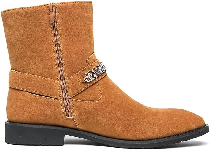 Santimon Men's Biker Punk Boots Belt Buckle Chain Strap Suede Dress Casual Boots with Side Zipper