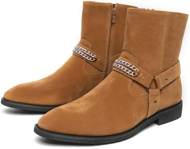 Santimon Men's Biker Punk Boots Belt Buckle Chain Strap Suede Dress Casual Boots with Side Zipper