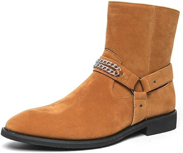 Santimon Men's Biker Punk Boots Belt Buckle Chain Strap Suede Dress Casual Boots with Side Zipper