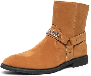 Santimon Men's Biker Punk Boots Belt Buckle Chain Strap Suede Dress Casual Boots with Side Zipper