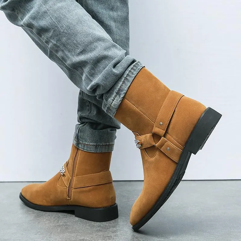 Santimon Men's Biker Punk Boots Belt Buckle Chain Strap Suede Dress Casual Boots with Side Zipper