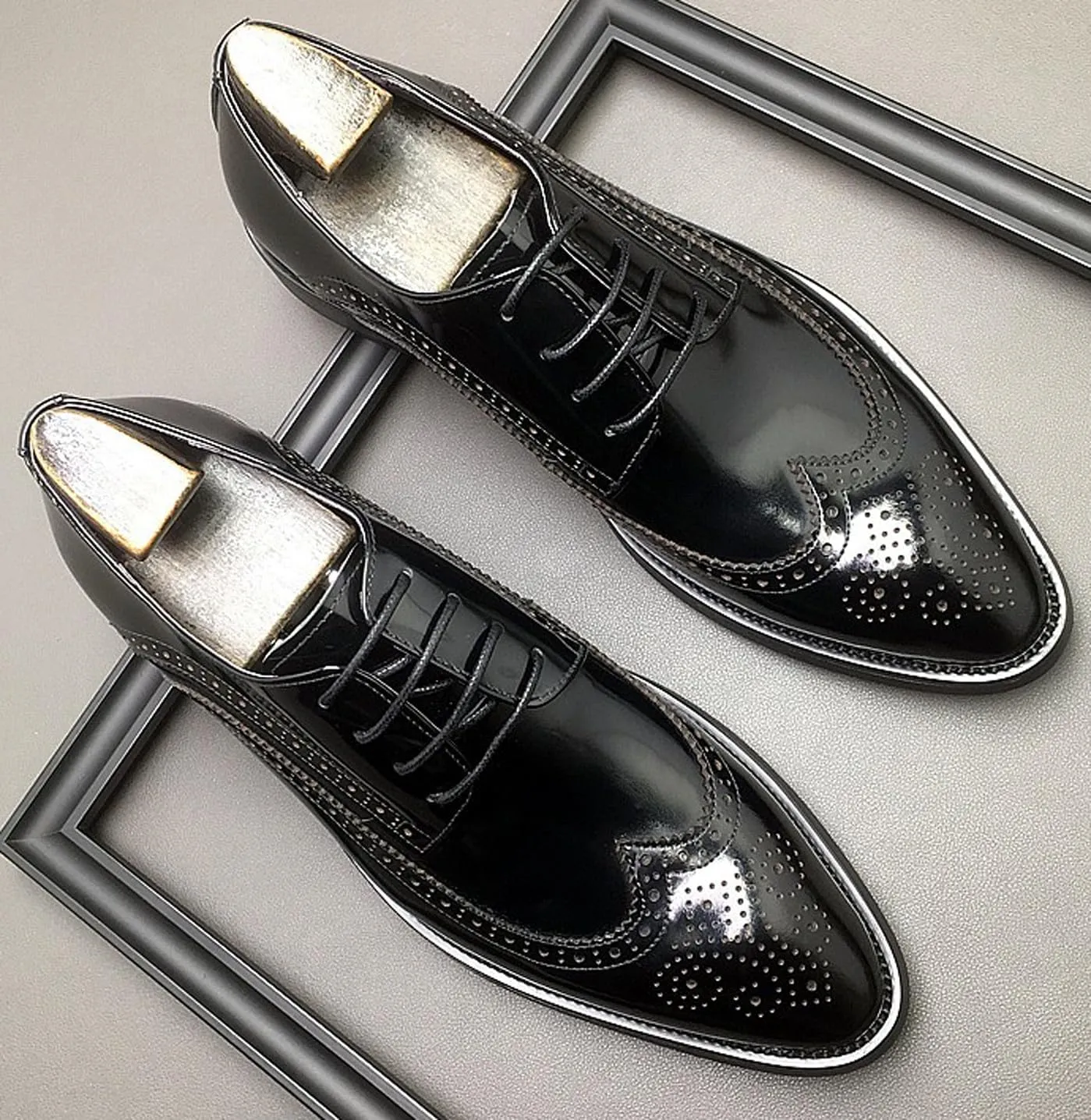 Santimon Men's Genuine Leather Wingtip Oxford Dress Shoes | Handcrafted Classic Brogue Derby for Formal, Wedding, Tuxedo & Business Casual Occasions