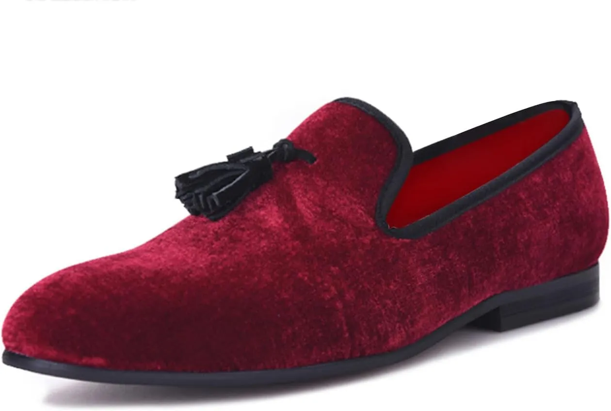 Santimon Mens Tassel Loafers Slip On Wedding Dress Velvet Penny Loafers Fashion Tuxedo Formal Business Casual Luxury Prom Shoes Smoking Party Ballroom Disco Moccasins for Men