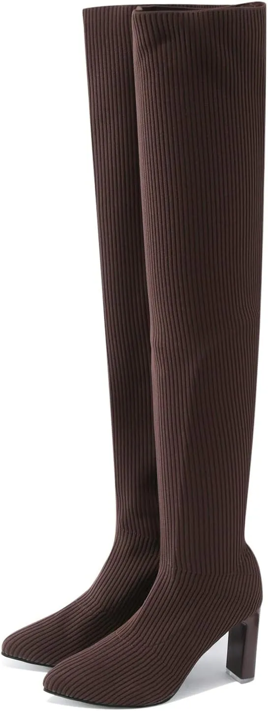 SBGMoSJ Boots for Women Over the Knee Thigh High Boots Pointed Toe Knitting Block Heel Stretchy Long Winter Fall Boots Cowgirl Boots Wide Calf Winter Fashion Booties Solid Color Long Boots