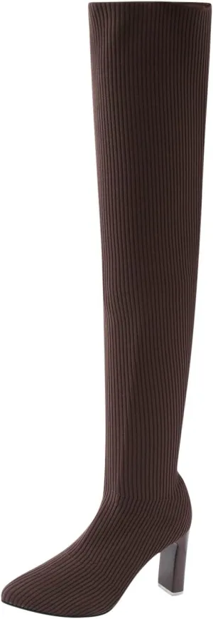 SBGMoSJ Boots for Women Over the Knee Thigh High Boots Pointed Toe Knitting Block Heel Stretchy Long Winter Fall Boots Cowgirl Boots Wide Calf Winter Fashion Booties Solid Color Long Boots