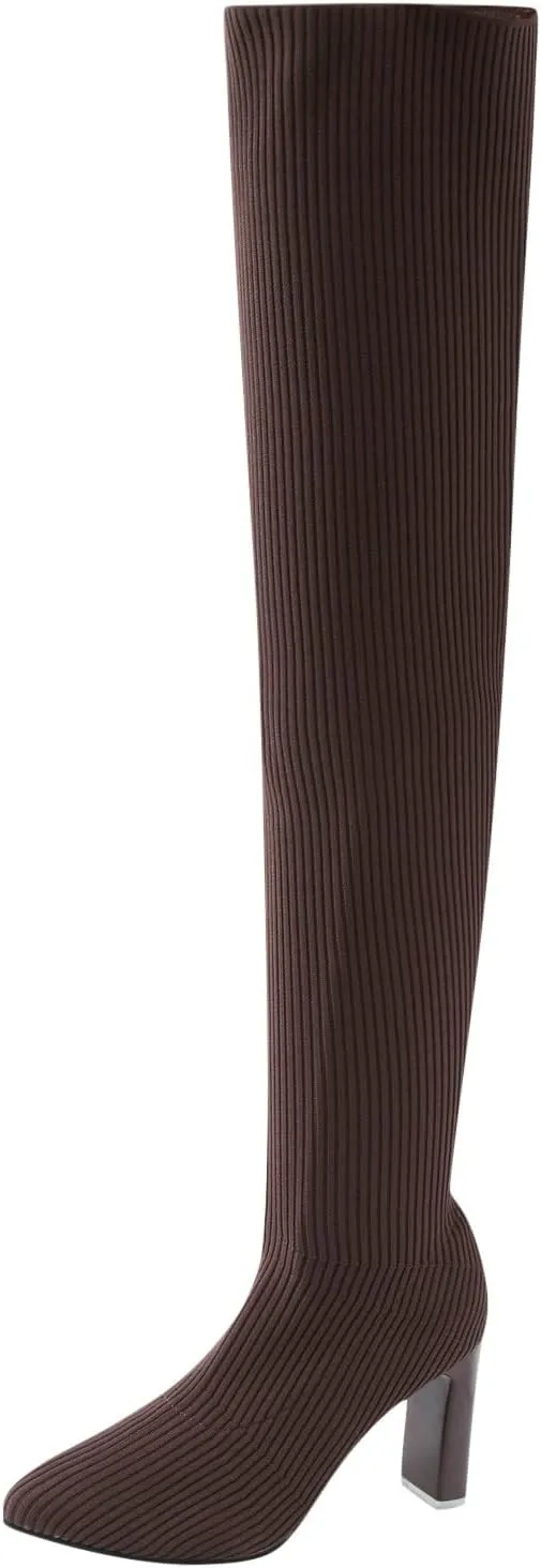 SBGMoSJ Boots for Women Over the Knee Thigh High Boots Pointed Toe Knitting Block Heel Stretchy Long Winter Fall Boots Cowgirl Boots Wide Calf Winter Fashion Booties Solid Color Long Boots