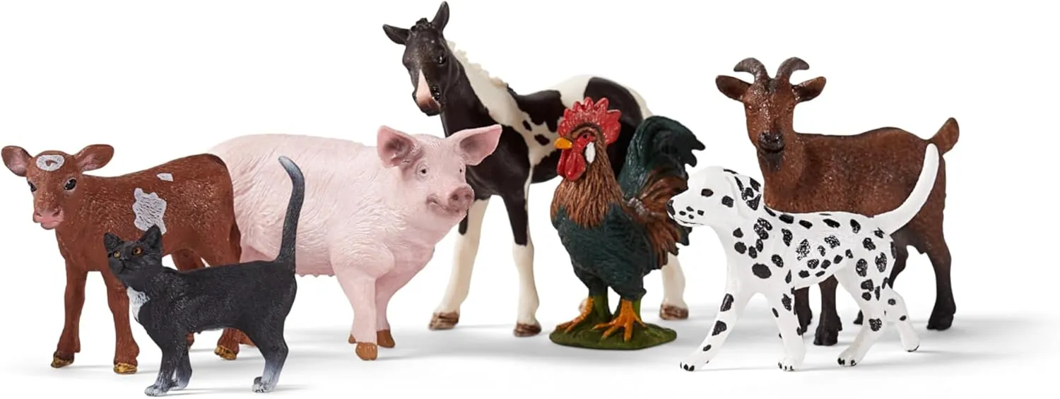 Schleich Farm World - 7 PC Farm Animal Playset with Dog, Cat, Pig, Goat, Rooster, Baby Horse and Cow Toys - Realistic Barnyard Figurines - Fun Educational Figures for Kids and Toddlers Ages 3 