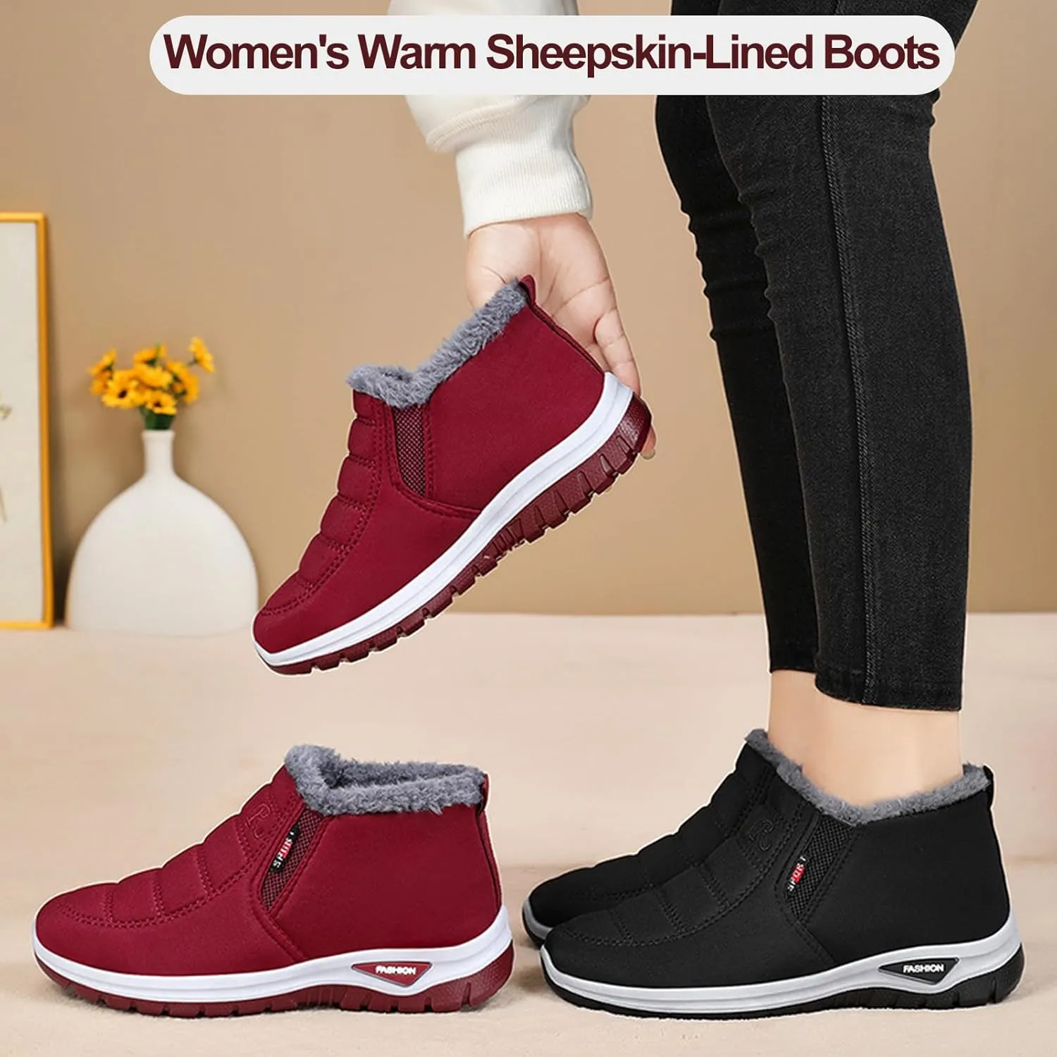 Seematin Women's Warm Sheepskin-Lined Boots, Women's Warm Sheepskin-Lined Boots, Winter Women's Casual Slip-On Warm Boots, Orthopedic Walking Fur Fuzzy Thermal Soft Booties Slip-On, Arch Support