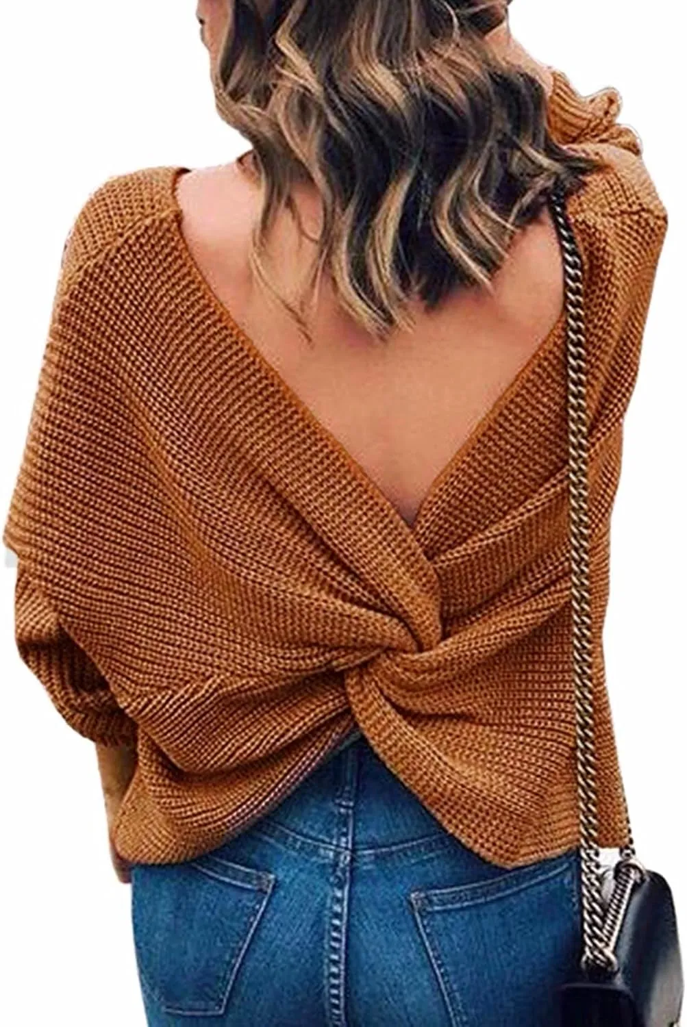 Sexyshine Women's Casual V Neck Criss Cross Backless Long Batwing Sleeve Loose Knitted Sweater Pullovers
