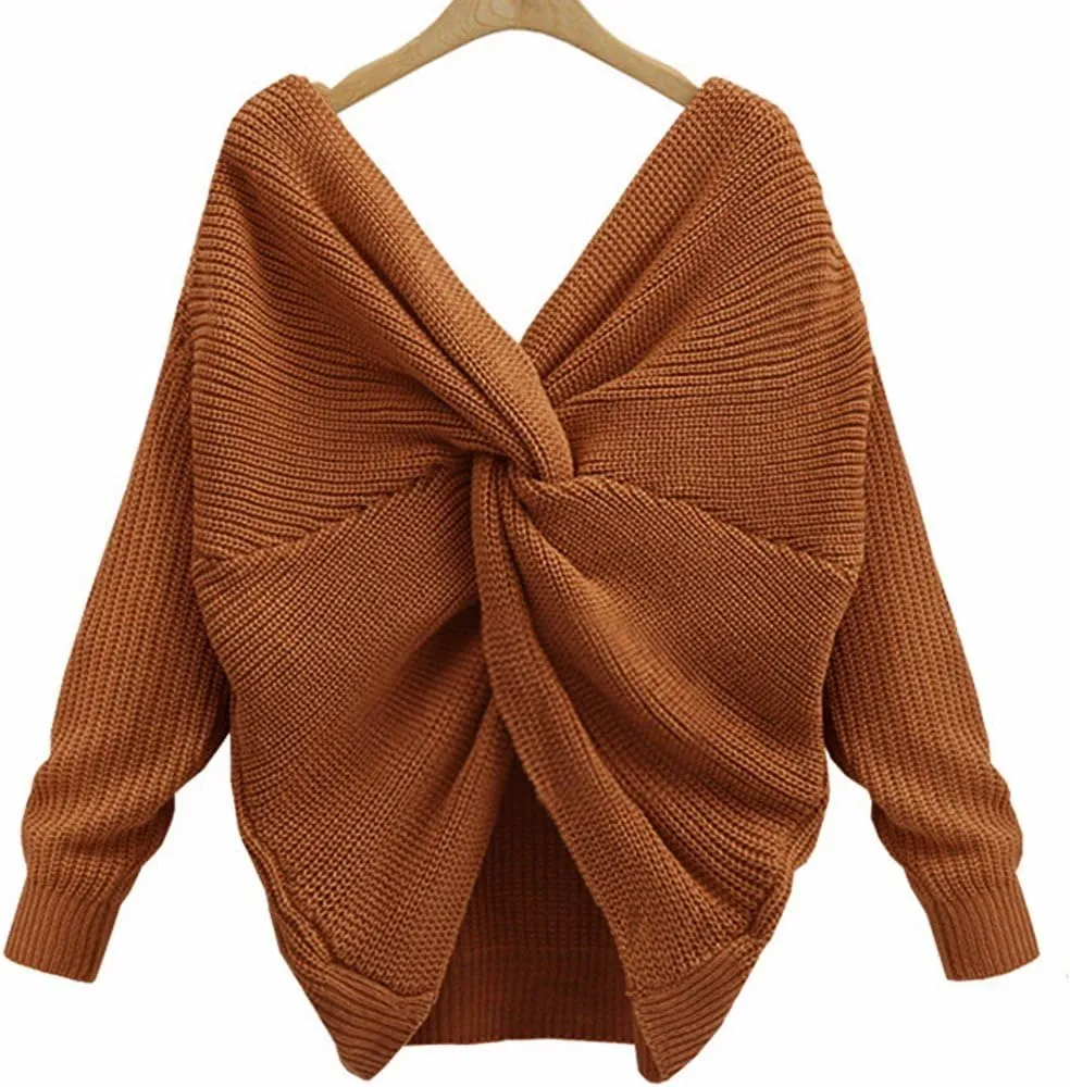 Sexyshine Women's Casual V Neck Criss Cross Backless Long Batwing Sleeve Loose Knitted Sweater Pullovers