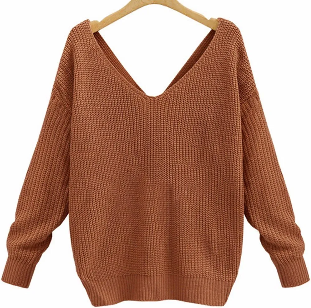 Sexyshine Women's Casual V Neck Criss Cross Backless Long Batwing Sleeve Loose Knitted Sweater Pullovers