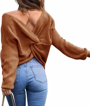 Sexyshine Women's Casual V Neck Criss Cross Backless Long Batwing Sleeve Loose Knitted Sweater Pullovers