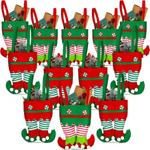 Shappy Christmas Candy Bags Gift Santa Pants and Elf Boots Handbags Stocking Lovely Treat Xmas Goodies Bag for Boys Girls Party Favor Decorations (Elf Boot Style, 12 Pieces), 1.0 Count