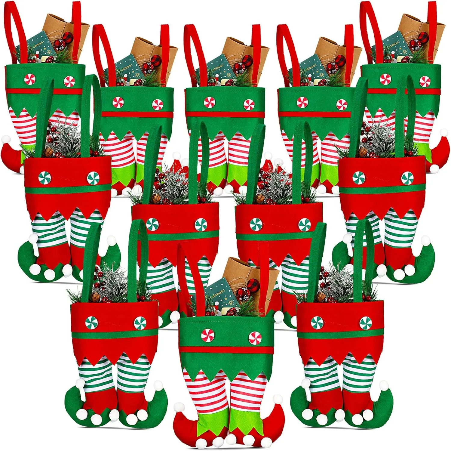 Shappy Christmas Candy Bags Gift Santa Pants and Elf Boots Handbags Stocking Lovely Treat Xmas Goodies Bag for Boys Girls Party Favor Decorations (Elf Boot Style, 12 Pieces), 1.0 Count