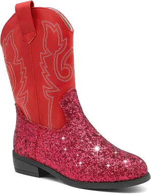 sharllen Kids Girls Cowgirl Boots Western Glitter Cowboy Boot Unisex-Child Mid-Calf Pointed-Toe Toddler Cowboy Boot Little Kids Big Kid Horse Riding Shoes Party Birthday Dress Up