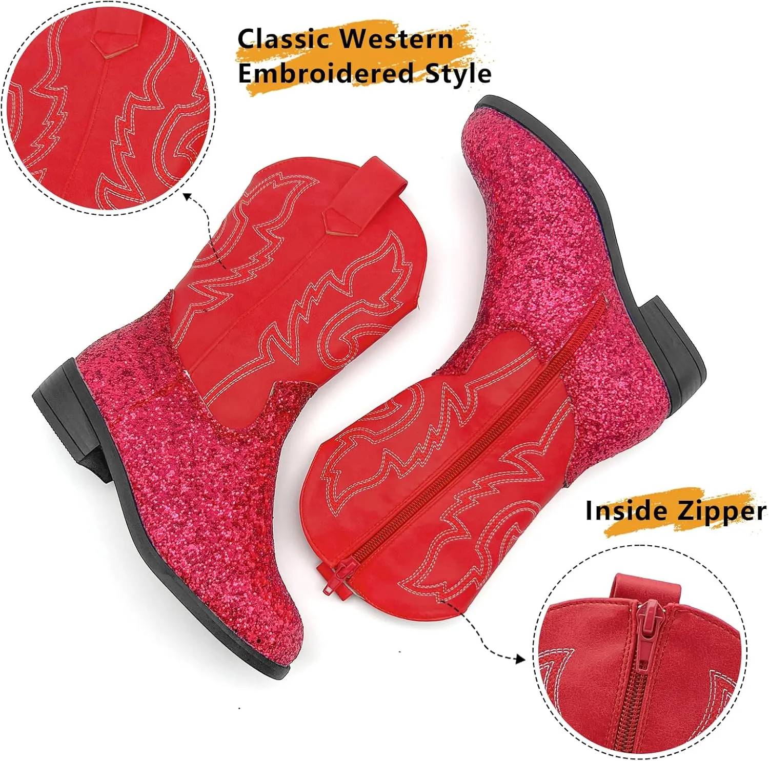 sharllen Kids Girls Cowgirl Boots Western Glitter Cowboy Boot Unisex-Child Mid-Calf Pointed-Toe Toddler Cowboy Boot Little Kids Big Kid Horse Riding Shoes Party Birthday Dress Up