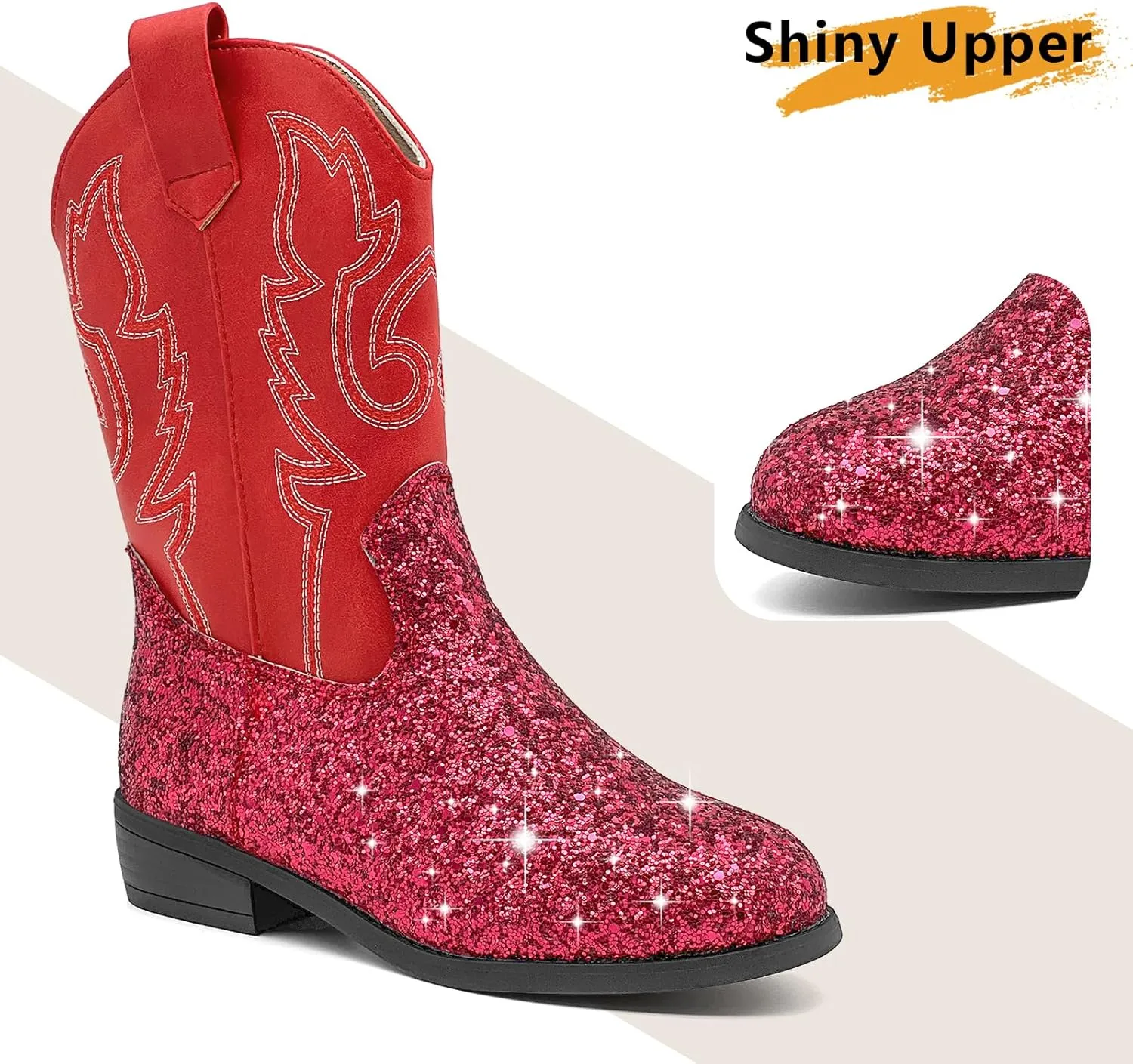 sharllen Kids Girls Cowgirl Boots Western Glitter Cowboy Boot Unisex-Child Mid-Calf Pointed-Toe Toddler Cowboy Boot Little Kids Big Kid Horse Riding Shoes Party Birthday Dress Up