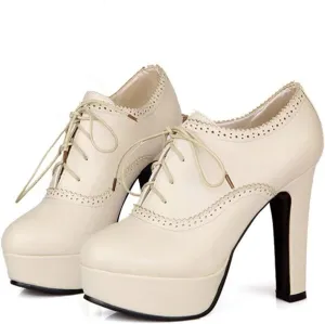 SHEMEE Womens Block Heel Platform Lace Up Pumps Oxford High Heels Ankle Booties Brogue Wingtip Vintage Dress Shoes