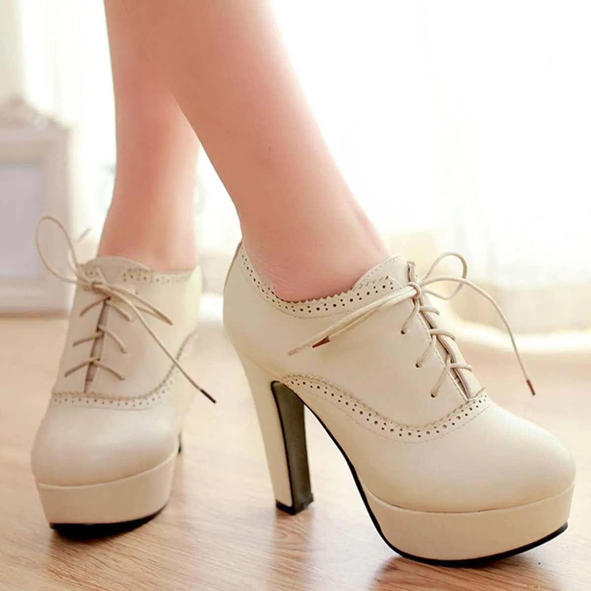 SHEMEE Womens Block Heel Platform Lace Up Pumps Oxford High Heels Ankle Booties Brogue Wingtip Vintage Dress Shoes