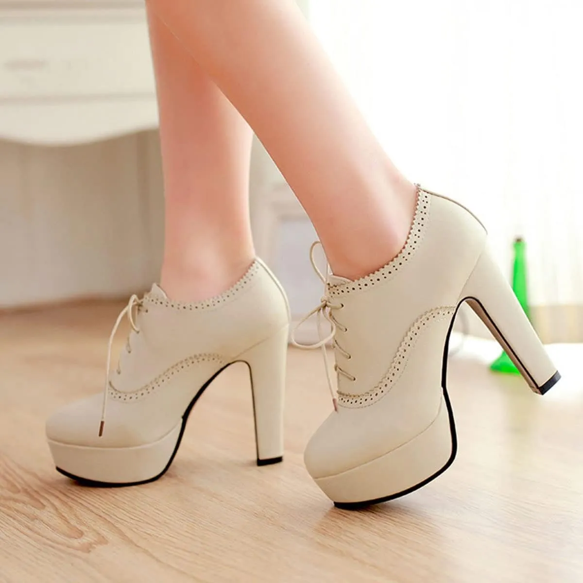 SHEMEE Womens Block Heel Platform Lace Up Pumps Oxford High Heels Ankle Booties Brogue Wingtip Vintage Dress Shoes
