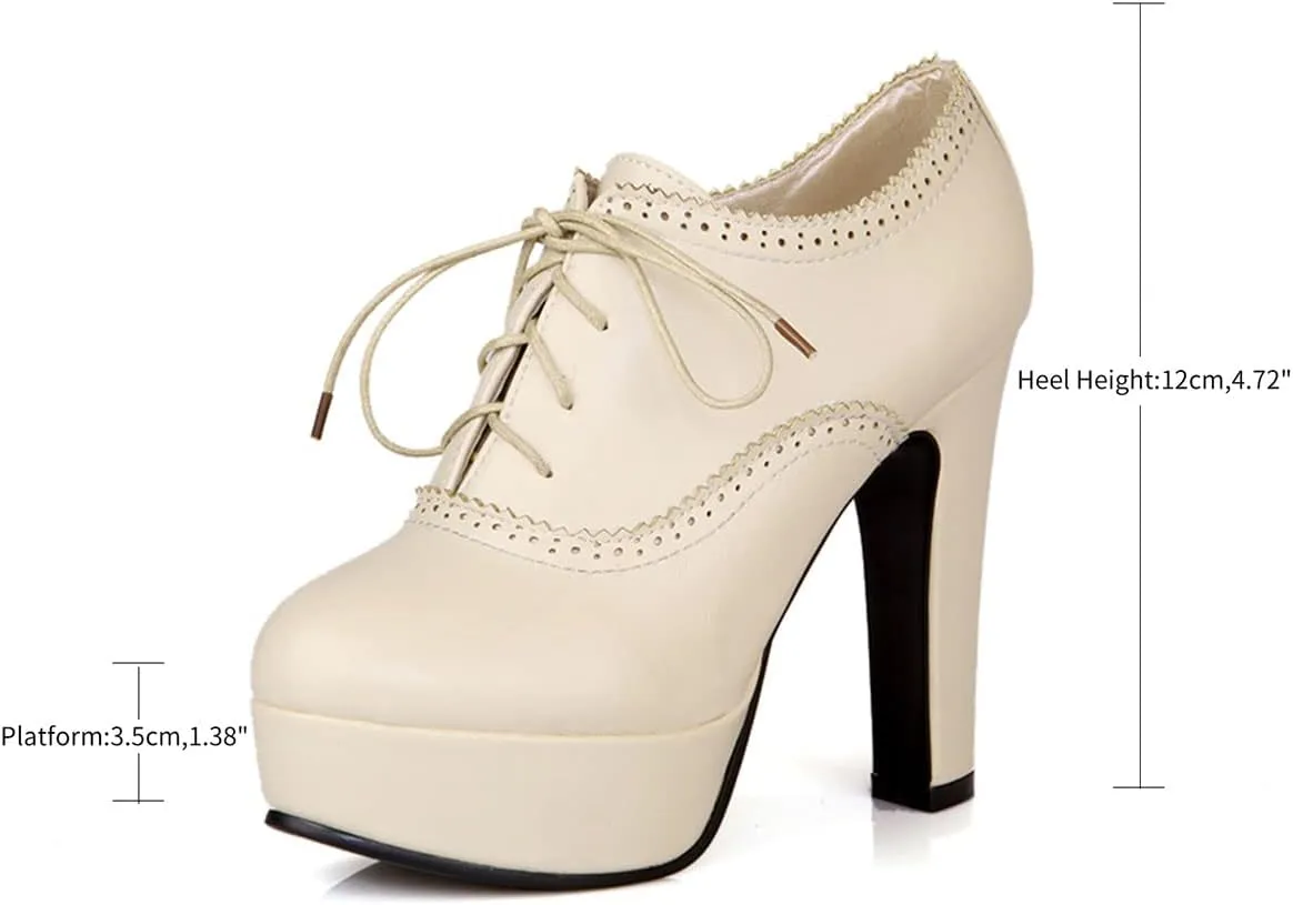SHEMEE Womens Block Heel Platform Lace Up Pumps Oxford High Heels Ankle Booties Brogue Wingtip Vintage Dress Shoes