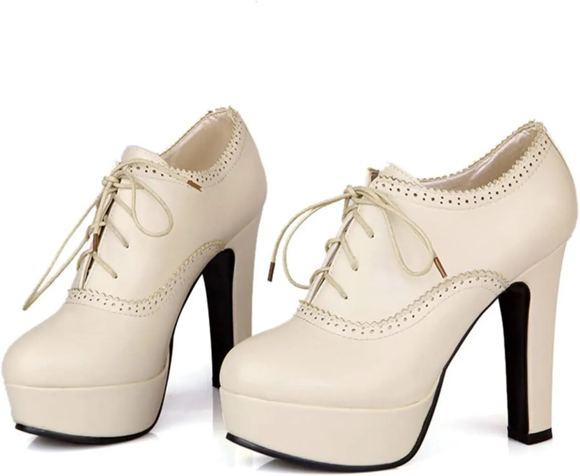 SHEMEE Womens Block Heel Platform Lace Up Pumps Oxford High Heels Ankle Booties Brogue Wingtip Vintage Dress Shoes