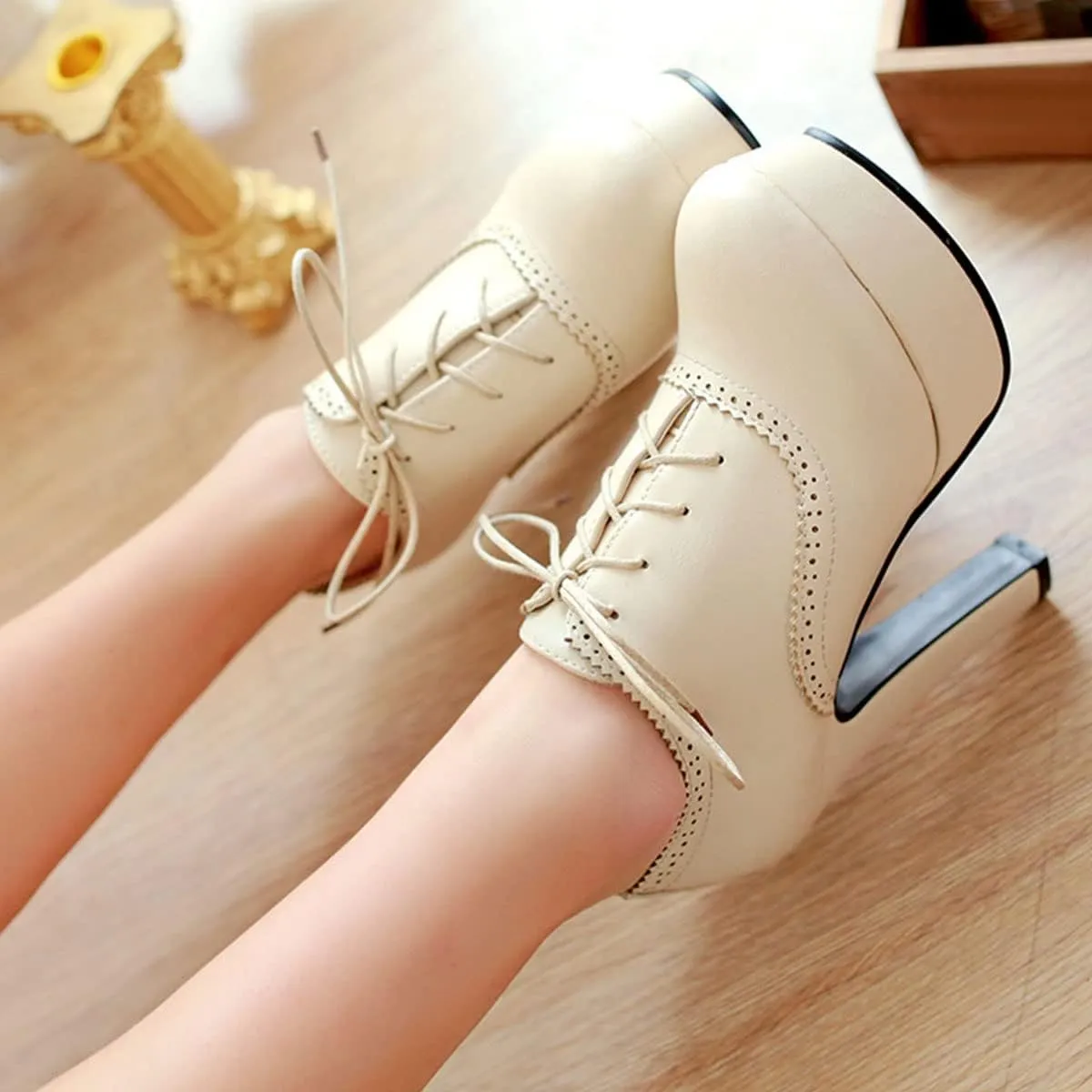 SHEMEE Womens Block Heel Platform Lace Up Pumps Oxford High Heels Ankle Booties Brogue Wingtip Vintage Dress Shoes