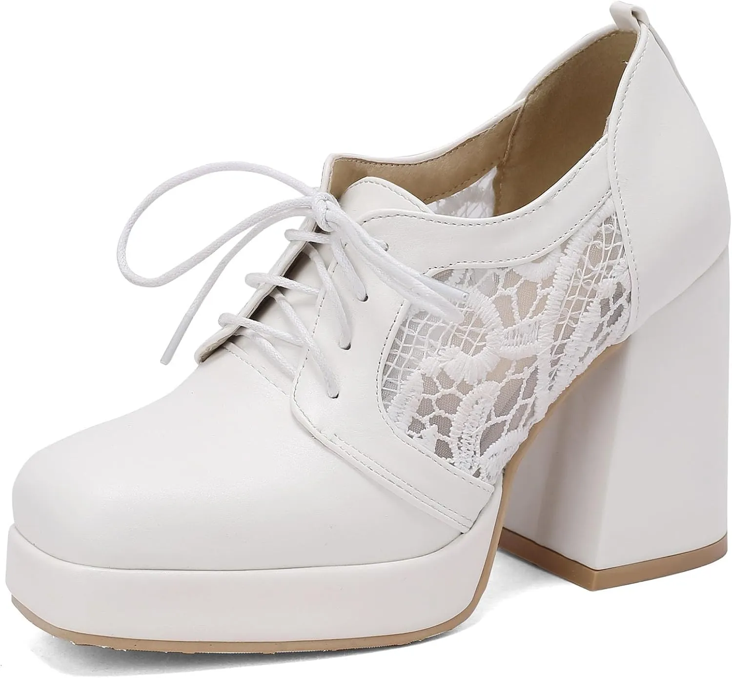 SHEMEE Women's Chunky High Heels Square Toe Oxfords Pumps Platform Lace Up Block Heeled Booties Office Dress Shoes