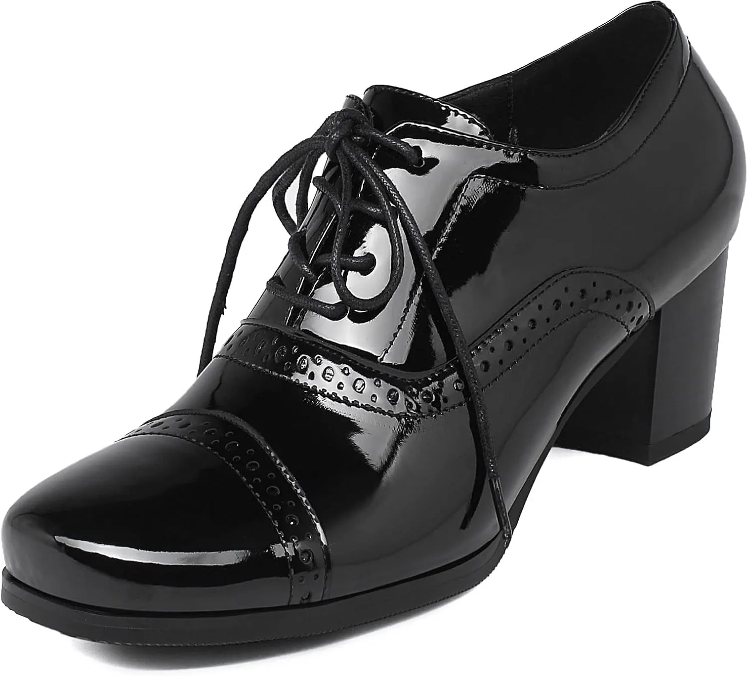 SHEMEE Women's Chunky Lace Up Vintage Oxfords Dress Pumps Round Toe Block Mid Heels Retro Brogues Shoes