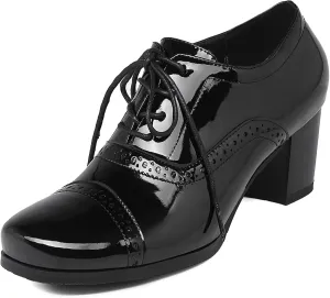 SHEMEE Women's Chunky Lace Up Vintage Oxfords Dress Pumps Round Toe Block Mid Heels Retro Brogues Shoes