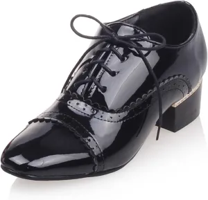 SHEMEE Women's Patent Leather Pointed Toe Flat Oxfords Pumps Vintage Wingtip Low Heels Lace Up Retro Brogues Dress Shoes