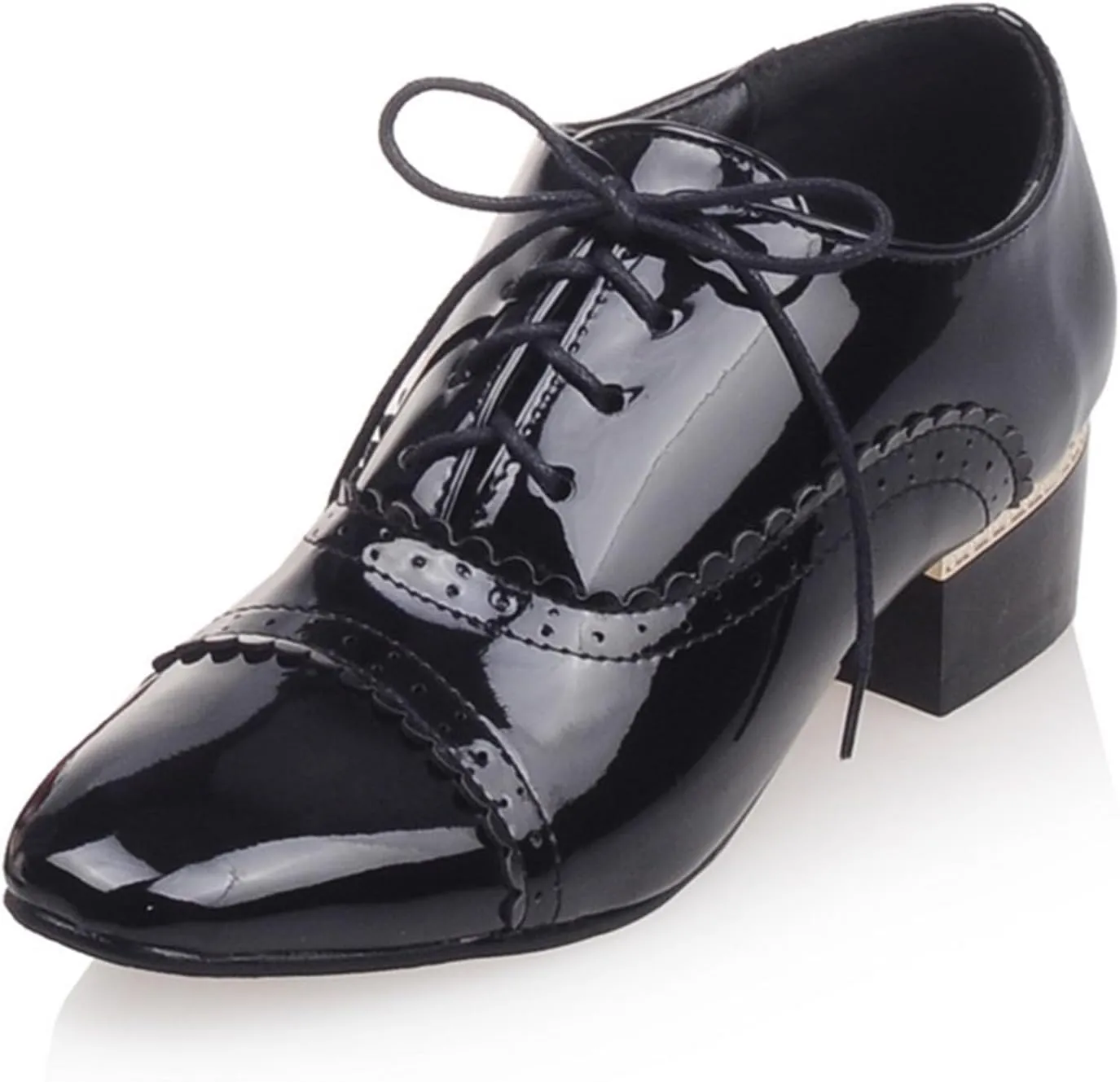 SHEMEE Women's Patent Leather Pointed Toe Flat Oxfords Pumps Vintage Wingtip Low Heels Lace Up Retro Brogues Dress Shoes