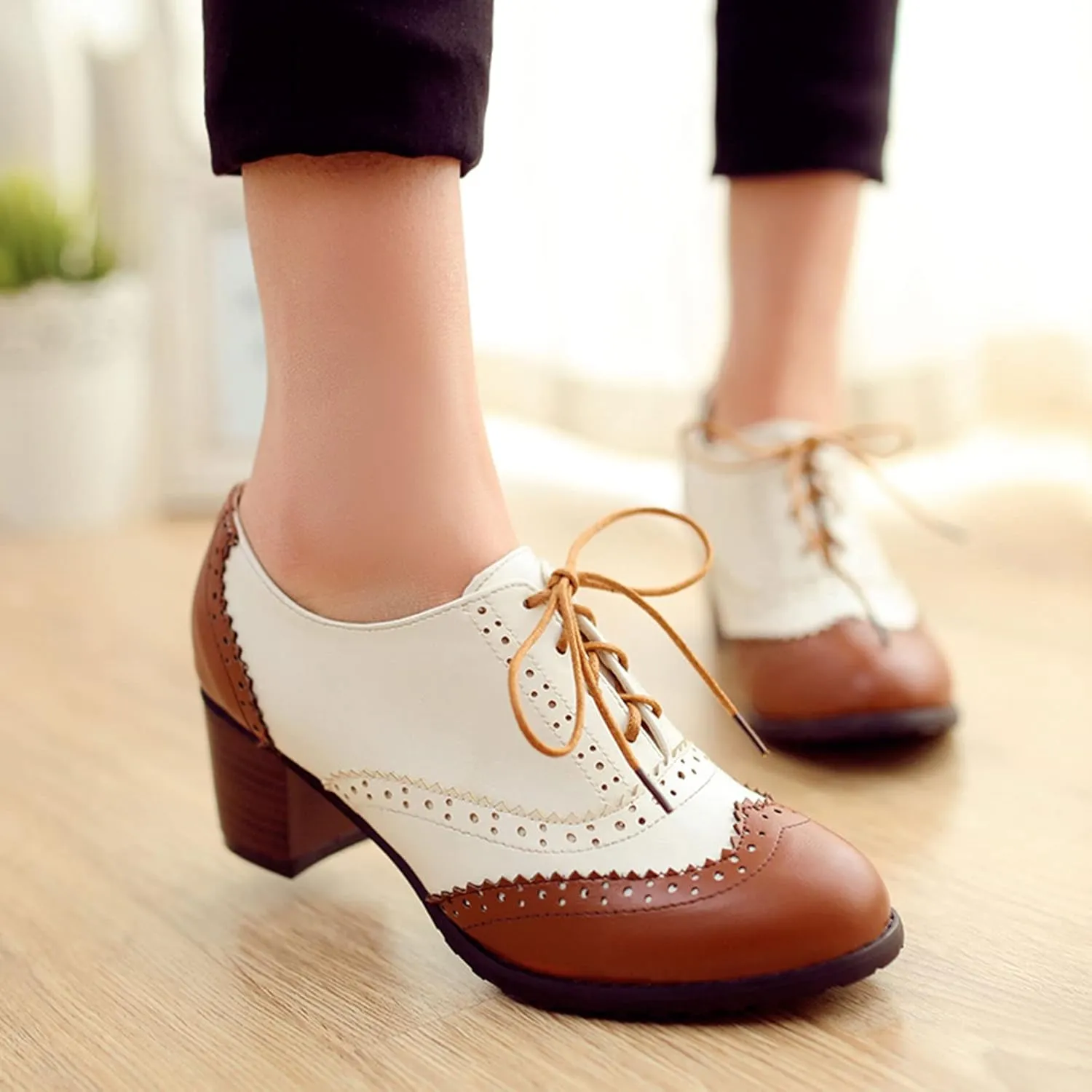 SHEMEE Women's Retro Wingtip Block Heel Lace Up Oxfords Stacked Chunky High Heels Pumps Vintage Round Toe Brogues Dress Shoes