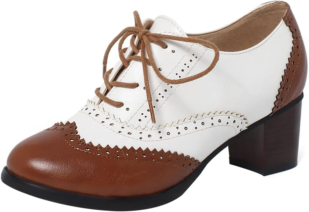 SHEMEE Women's Retro Wingtip Block Heel Lace Up Oxfords Stacked Chunky High Heels Pumps Vintage Round Toe Brogues Dress Shoes