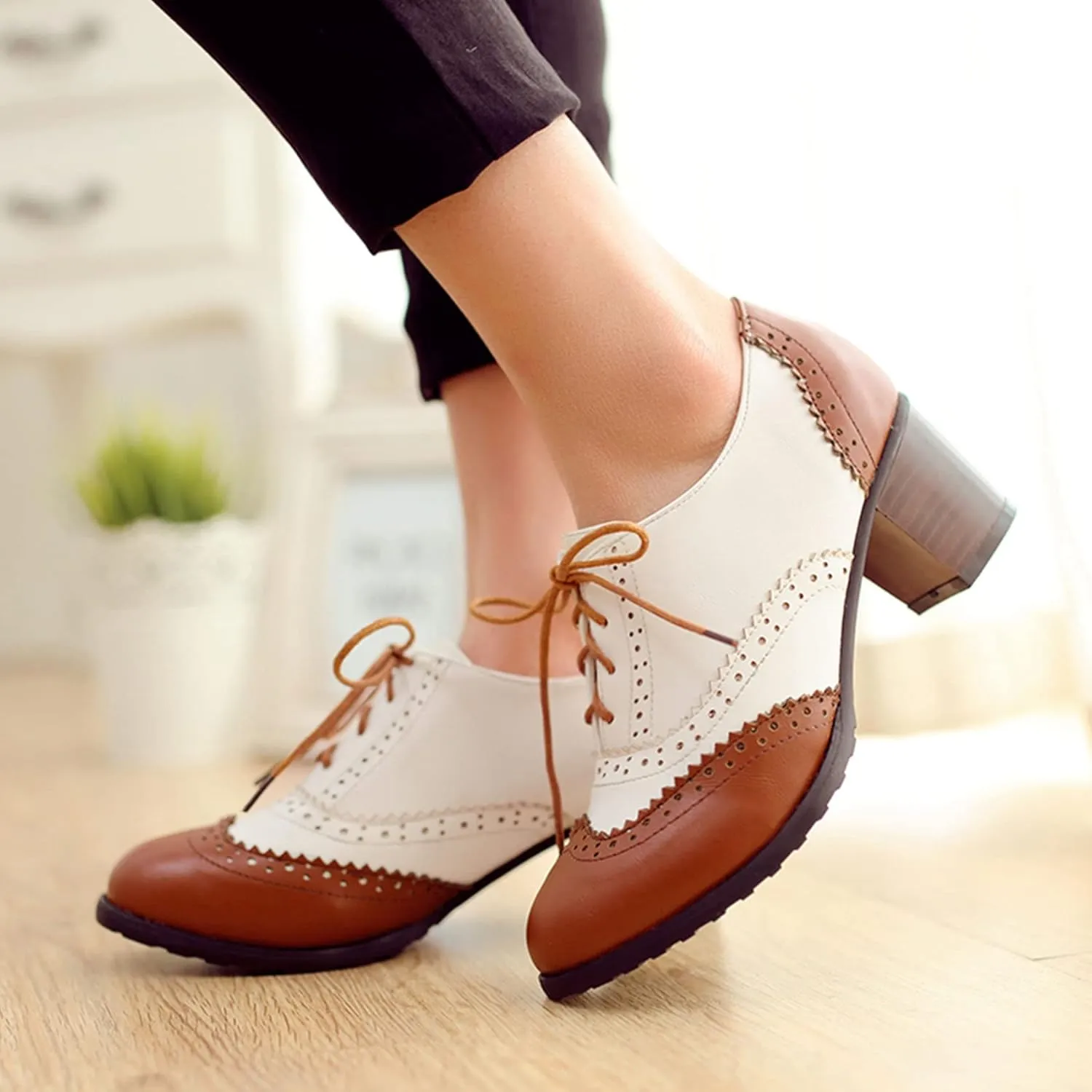 SHEMEE Women's Retro Wingtip Block Heel Lace Up Oxfords Stacked Chunky High Heels Pumps Vintage Round Toe Brogues Dress Shoes