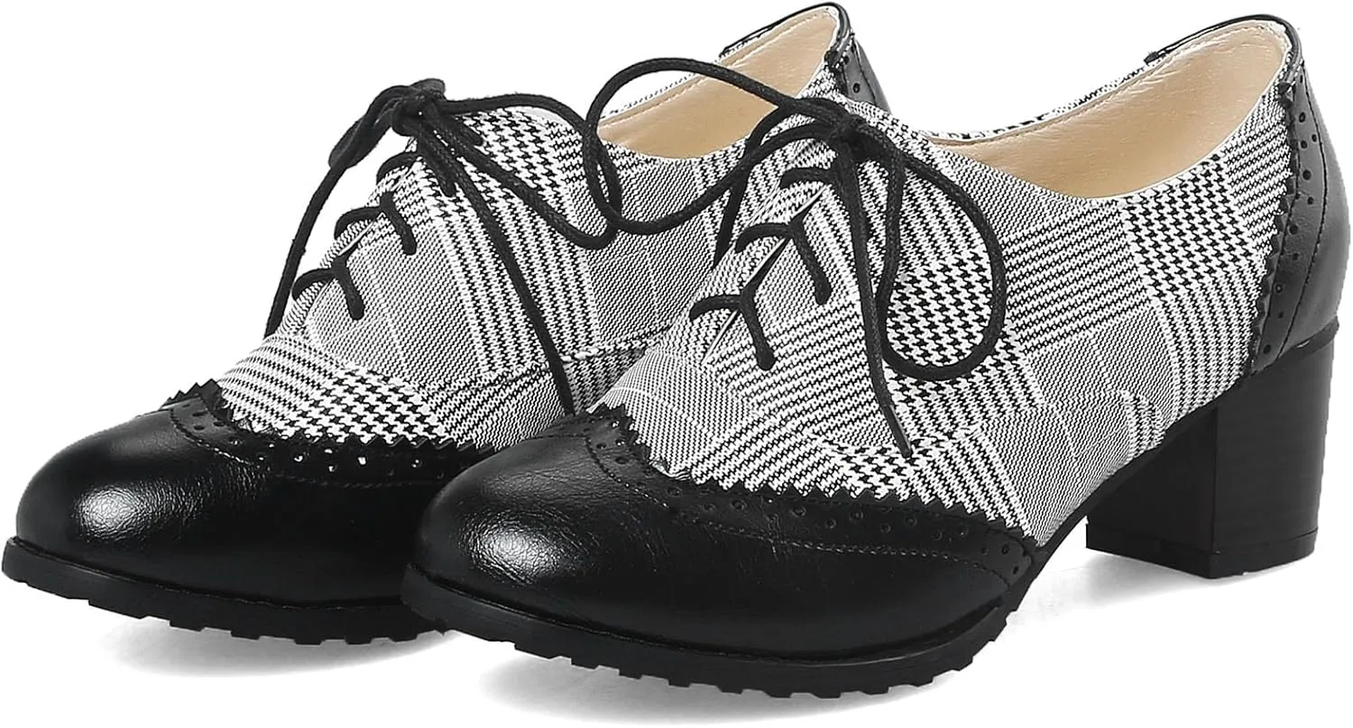 SHEMEE Women's Retro Wingtip Block Heel Lace Up Oxfords Stacked Chunky High Heels Pumps Vintage Round Toe Brogues Dress Shoes