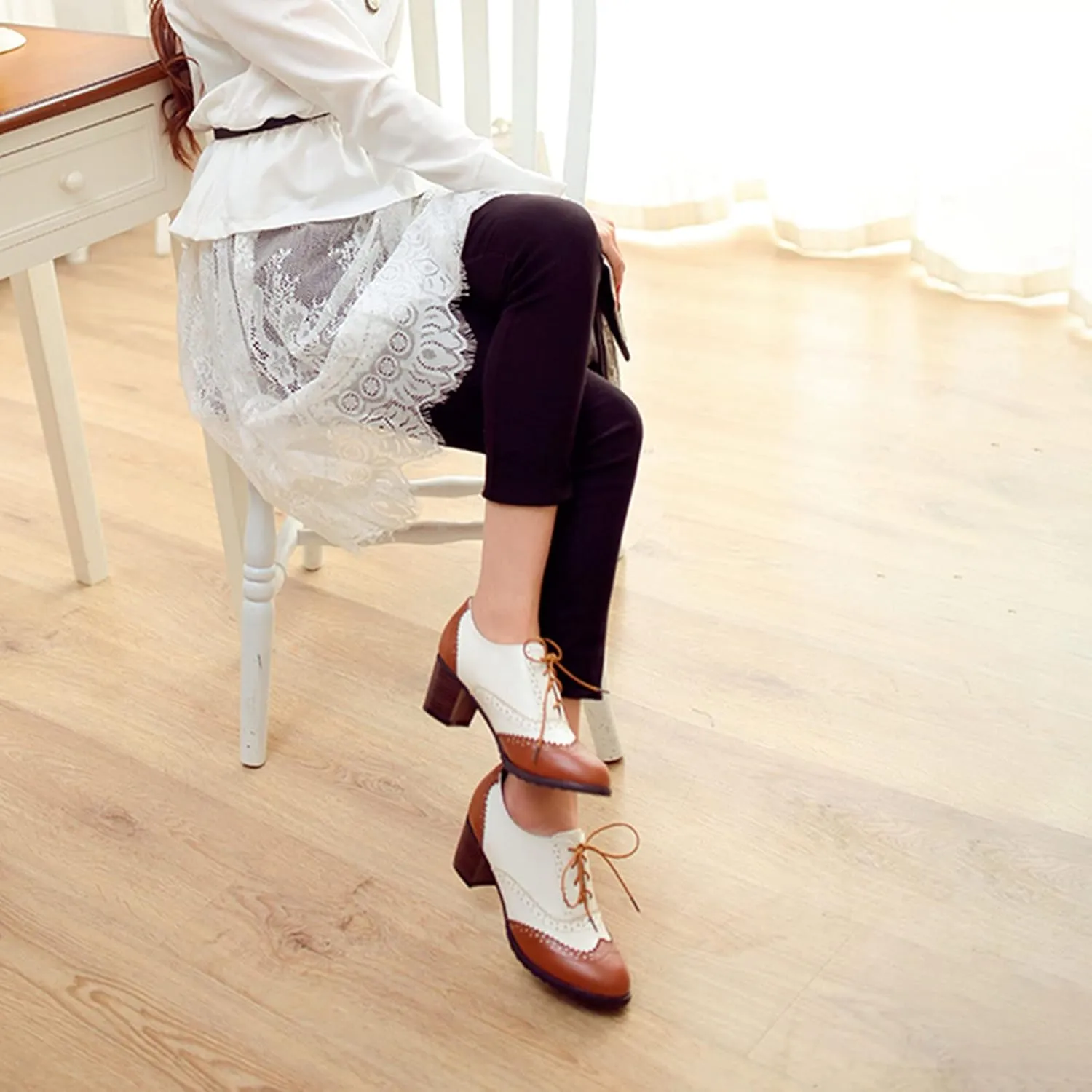 SHEMEE Women's Retro Wingtip Block Heel Lace Up Oxfords Stacked Chunky High Heels Pumps Vintage Round Toe Brogues Dress Shoes
