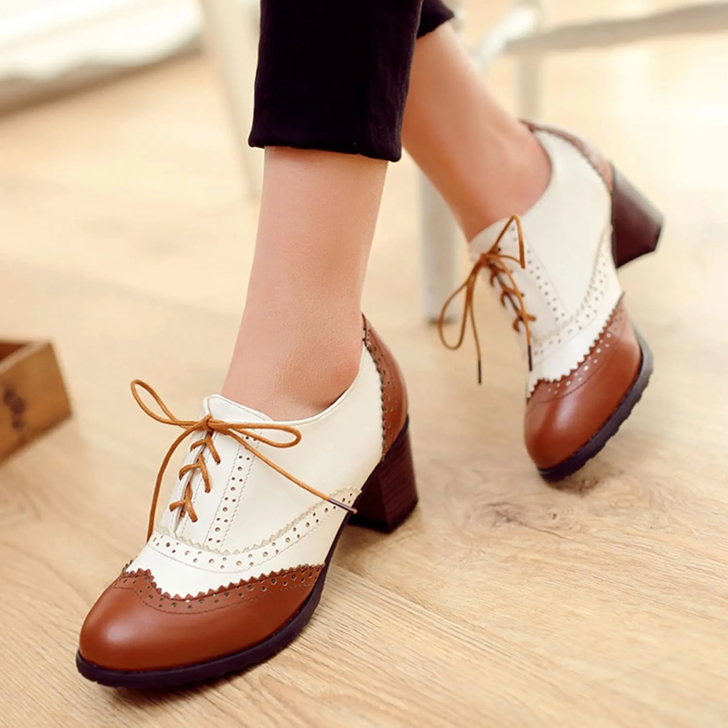 SHEMEE Women's Retro Wingtip Block Heel Lace Up Oxfords Stacked Chunky High Heels Pumps Vintage Round Toe Brogues Dress Shoes