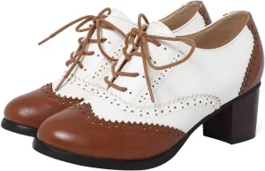 SHEMEE Women's Retro Wingtip Block Heel Lace Up Oxfords Stacked Chunky High Heels Pumps Vintage Round Toe Brogues Dress Shoes