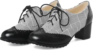 SHEMEE Women's Retro Wingtip Block Heel Lace Up Oxfords Stacked Chunky High Heels Pumps Vintage Round Toe Brogues Dress Shoes