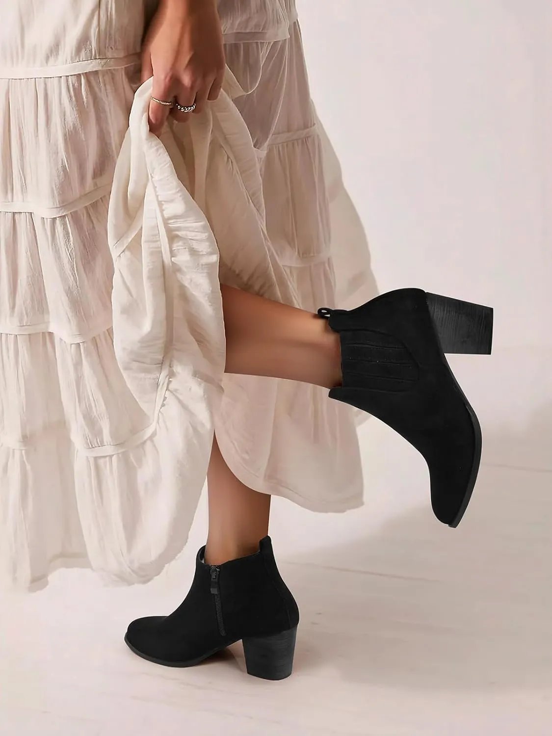 SHIBEVER Ankle Boots for Women Heel: Pointed Toe Chunky Block Low Heels Winter Fall Side Zipper Short Booties