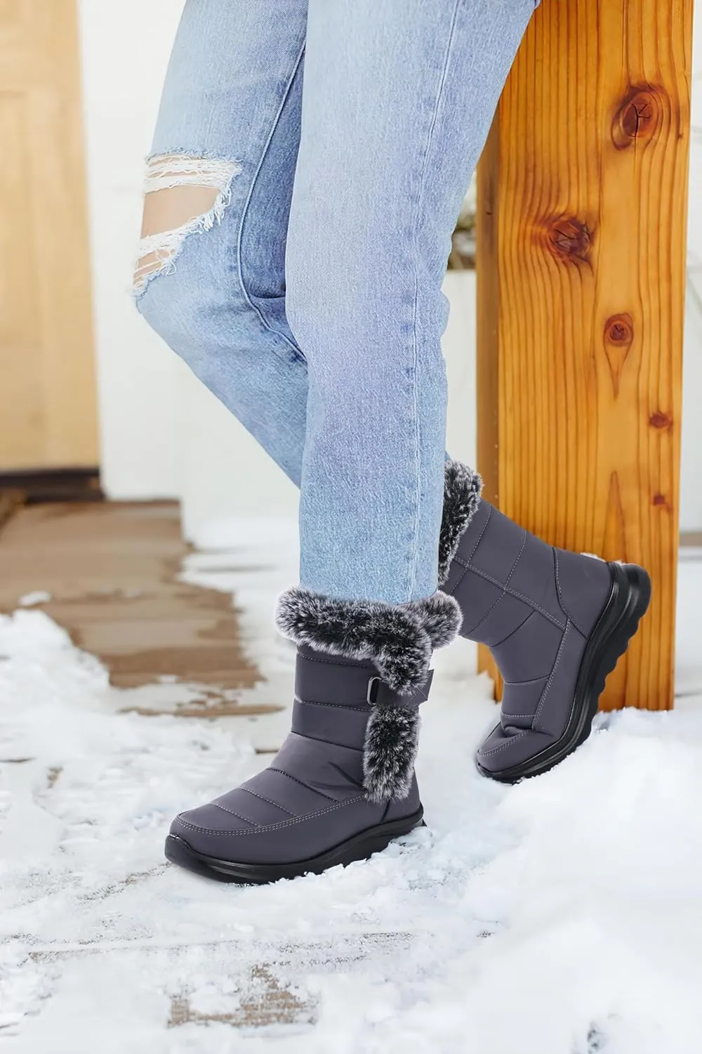 SHIBEVER Waterproof Winter Boots for Women: Snow Mid Calf Fur Lined Warm Women Boot Outdoor Resistant Booties