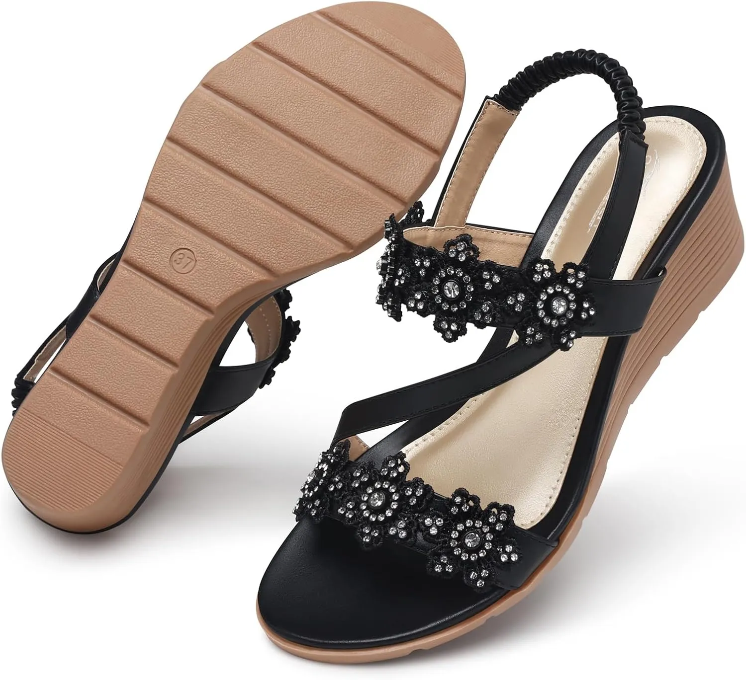 SHIBEVER Wedge Sandals for Women Dressy: Summer Open Toe Low Platform Wedges Sandals Elastic Ankle Strap Flower Comfortable Casual Shoes