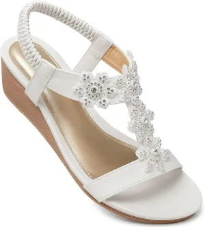 SHIBEVER Wedge Sandals for Women Dressy: Summer Open Toe Low Platform Wedges Sandals Elastic Ankle Strap Flower Comfortable Casual Shoes