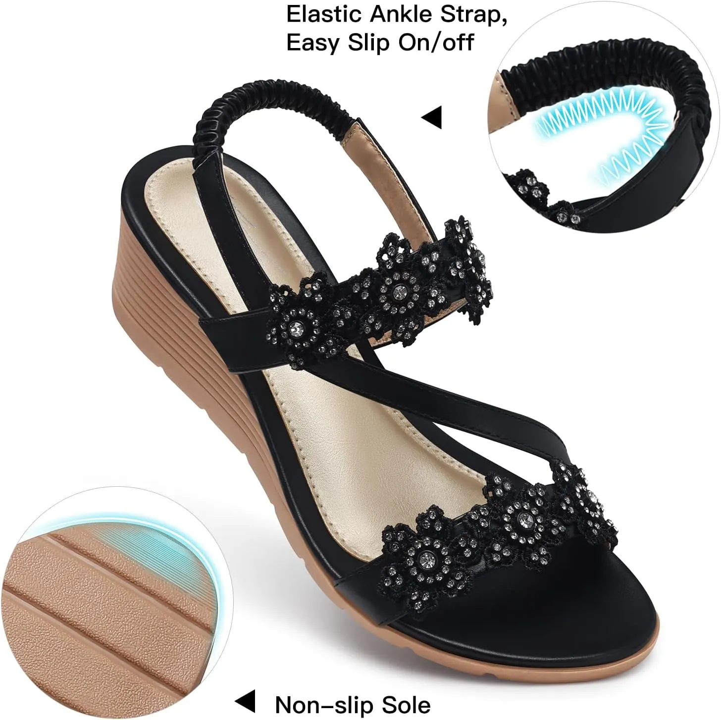 SHIBEVER Wedge Sandals for Women Dressy: Summer Open Toe Low Platform Wedges Sandals Elastic Ankle Strap Flower Comfortable Casual Shoes