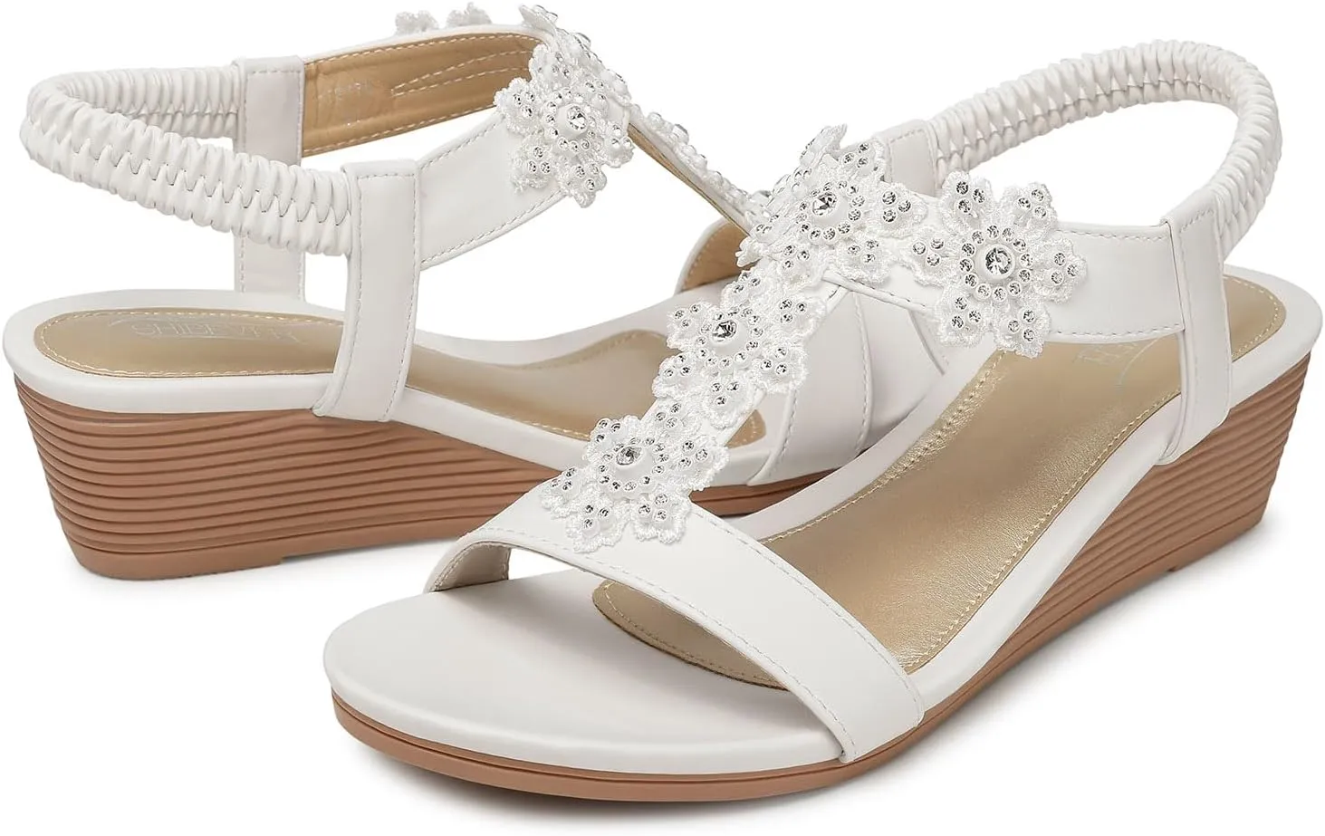 SHIBEVER Wedge Sandals for Women Dressy: Summer Open Toe Low Platform Wedges Sandals Elastic Ankle Strap Flower Comfortable Casual Shoes