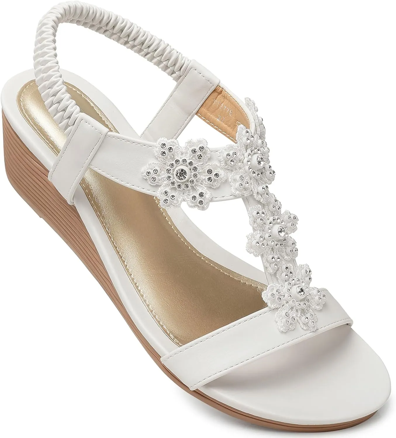 SHIBEVER Wedge Sandals for Women Dressy: Summer Open Toe Low Platform Wedges Sandals Elastic Ankle Strap Flower Comfortable Casual Shoes