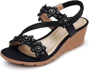 SHIBEVER Wedge Sandals for Women Dressy: Summer Open Toe Low Platform Wedges Sandals Elastic Ankle Strap Flower Comfortable Casual Shoes