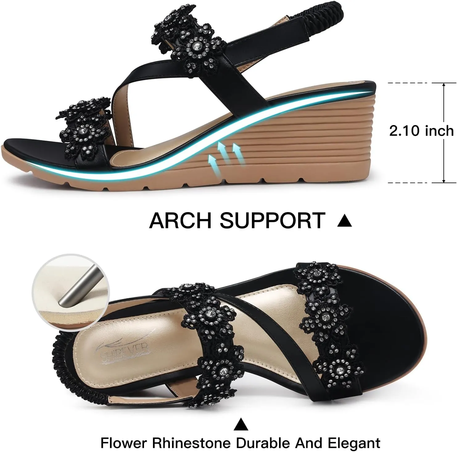 SHIBEVER Wedge Sandals for Women Dressy: Summer Open Toe Low Platform Wedges Sandals Elastic Ankle Strap Flower Comfortable Casual Shoes